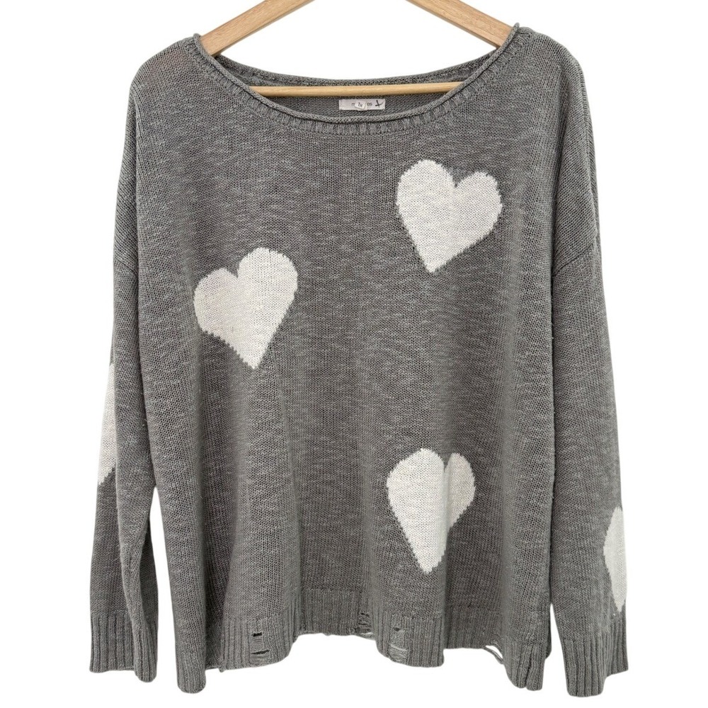 Maurices Womens 1X Gray Heart Print Distressed Knit Scoop Neck Sweater Slouchy